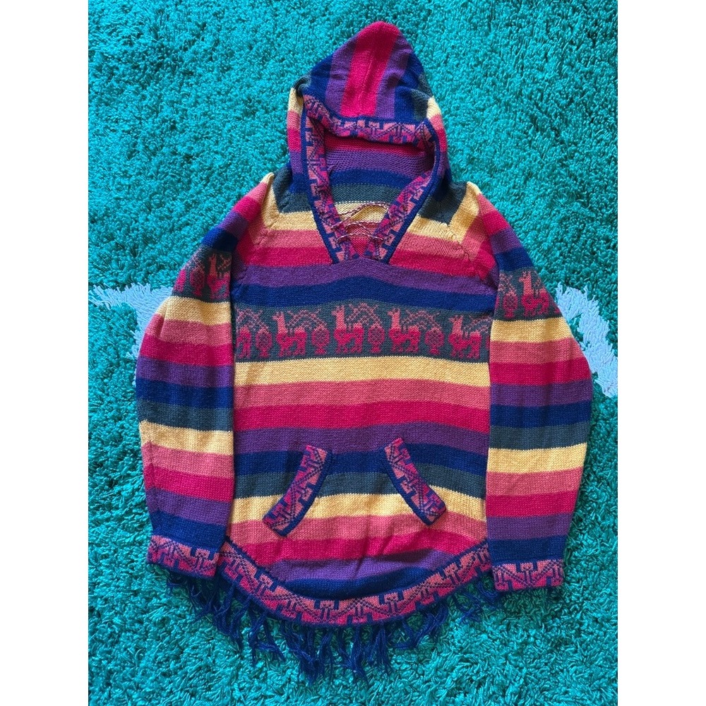 Unbranded Knit Hoodie Sweater Womens Multi Color Excellent Llama Fringe